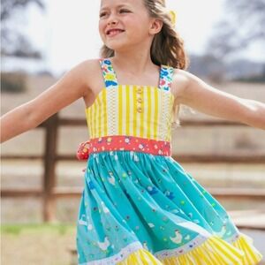 Wildflowers Farm Animal Chicken Duck Girl Dress Size 4 Yellow Blue